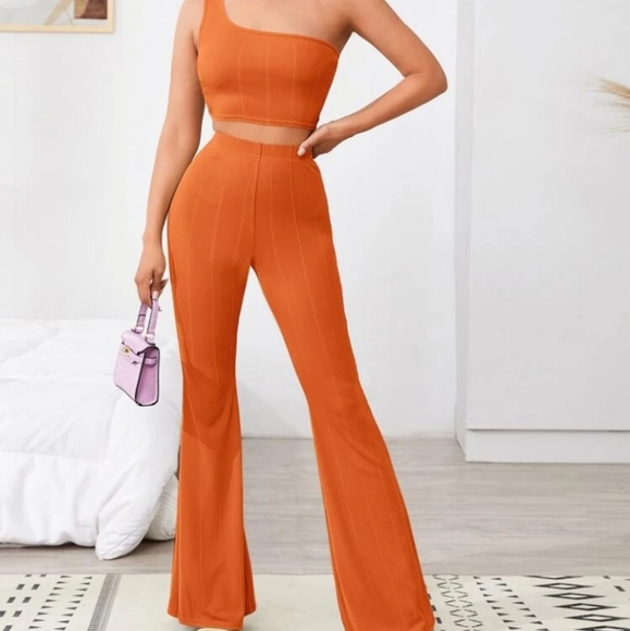 SHEIN SXY One Shoulder Slim Crop Top & Flare Pants Set - Picture 1 of 8